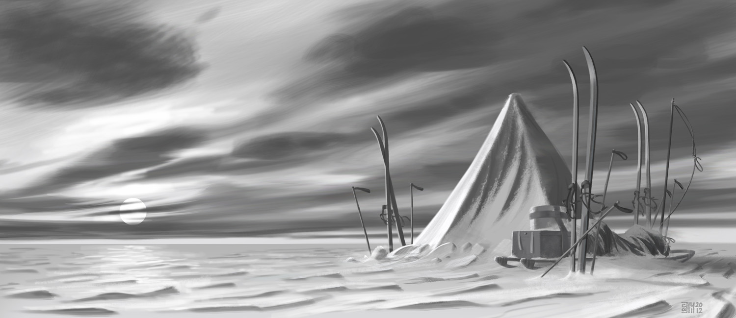 A greyscale digital painting of a pyramid tent with sledge beside it and skis standing erect around, all slightly drifted up with snow.
