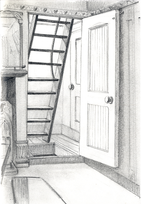 A pencil drawing of the view out a narrow doorway to the underside of a steep staircase or ladder.