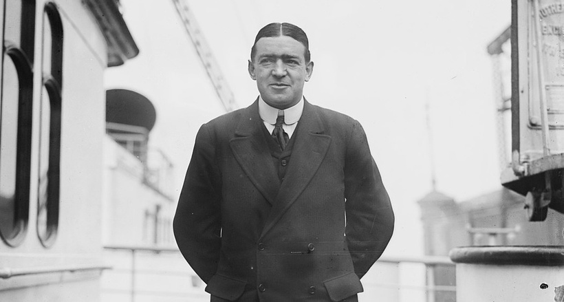 A front-on shot of Ernest Shackleton aboard a ship (possibly the Quest?)