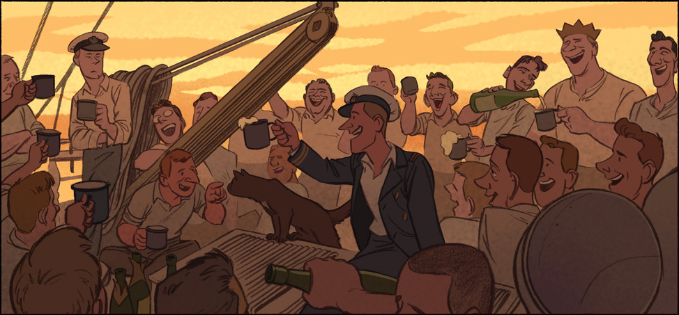 Glorious fiery sunset as all men, regardless of rank, lounge about on the forecastle singing their hearts out in the chorus to Everybody works but Father.  Birdie boops the cat.  Champagne is passed around and drunk from tin cups.  Teddy raises his cup to Campbell.  Campbell is not impressed but everyone else sings merrily.