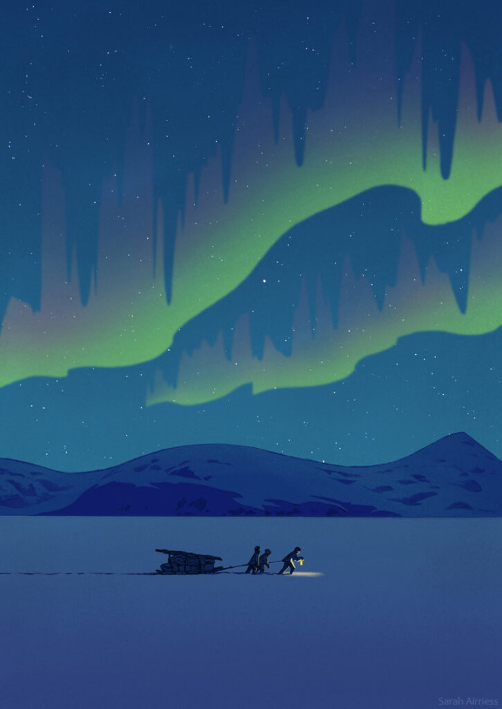 Three men pull a heavily laden sledge on a snow-covered landscape at night, with the aurora australis overhead.